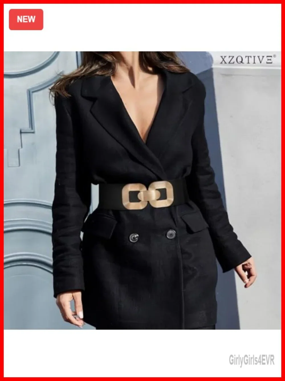 Wide Elastic Belt with Gold Metal Buckle - Stretchy Waist Belt for Dresses